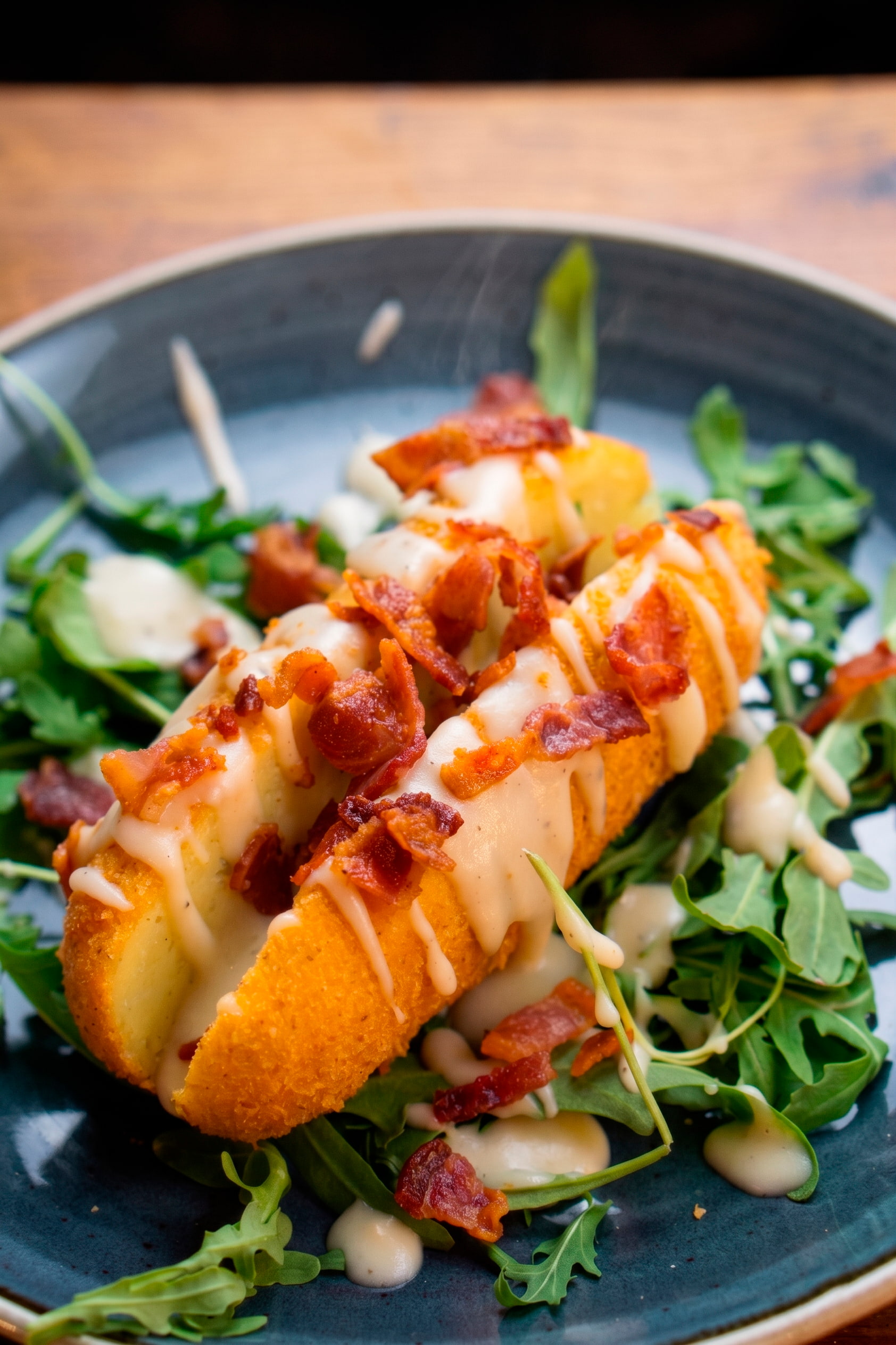 POTATO CROQUETTE, BACON, AND CHEESE AND PEPPER FONDUE