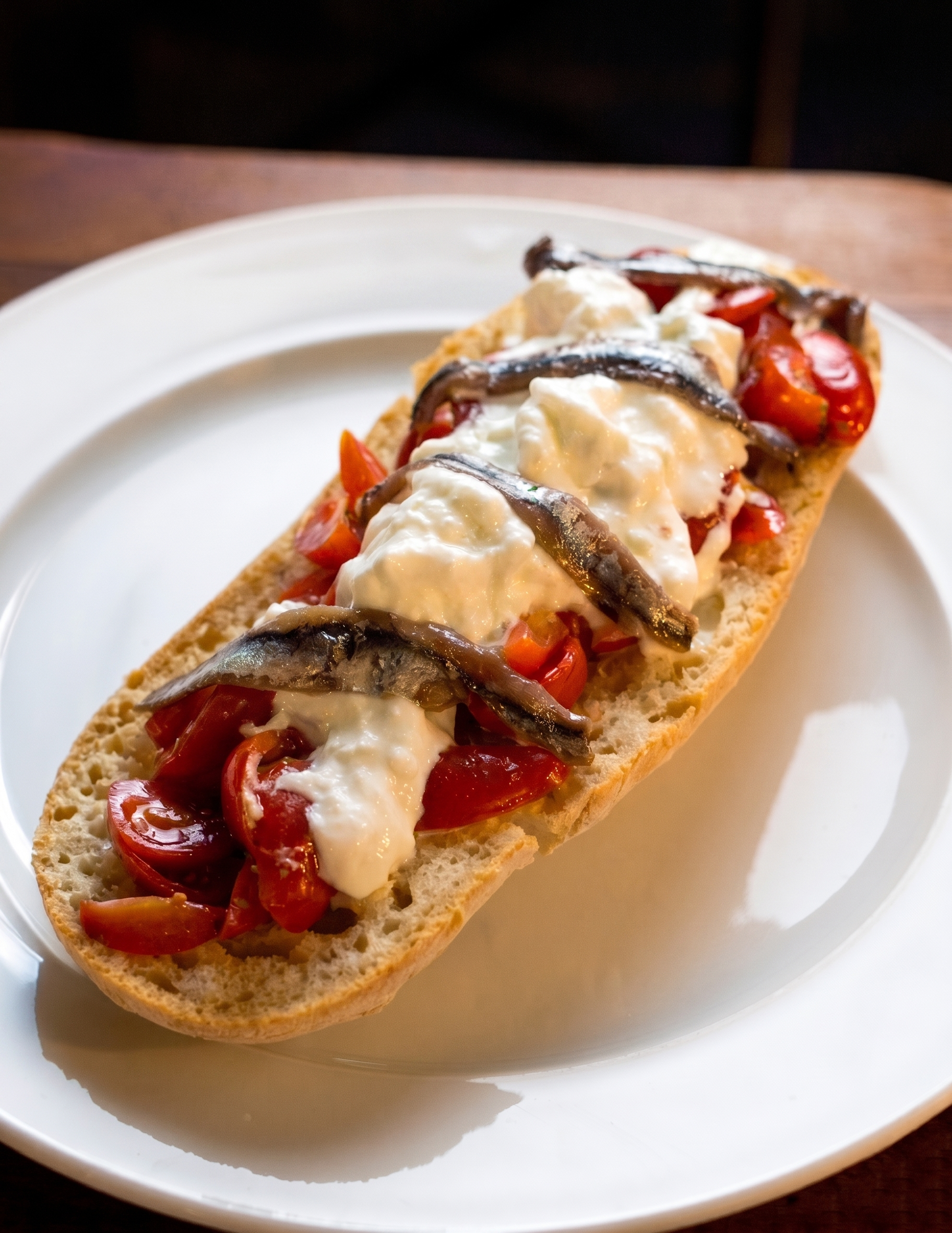 CRUSHER WITH CHERRY TOMATOES, STRACCIATELLA AND ANCHOVIES
